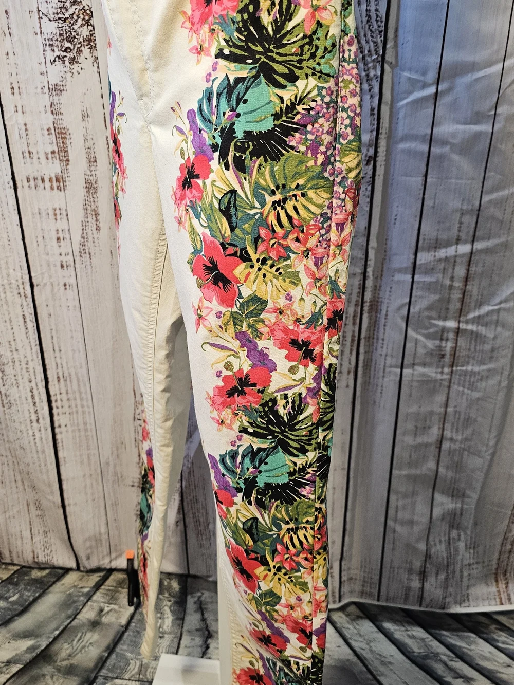 Bisou Bisou Tropical Floral Print Cream Skinny Jeans Size 28 Statement Botanical - Picture 2 of 5